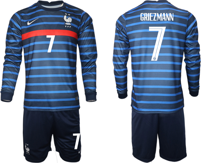 Men 2021 European Cup France home blue Long sleeve #7 Soccer Jersey->customized soccer jersey->Custom Jersey